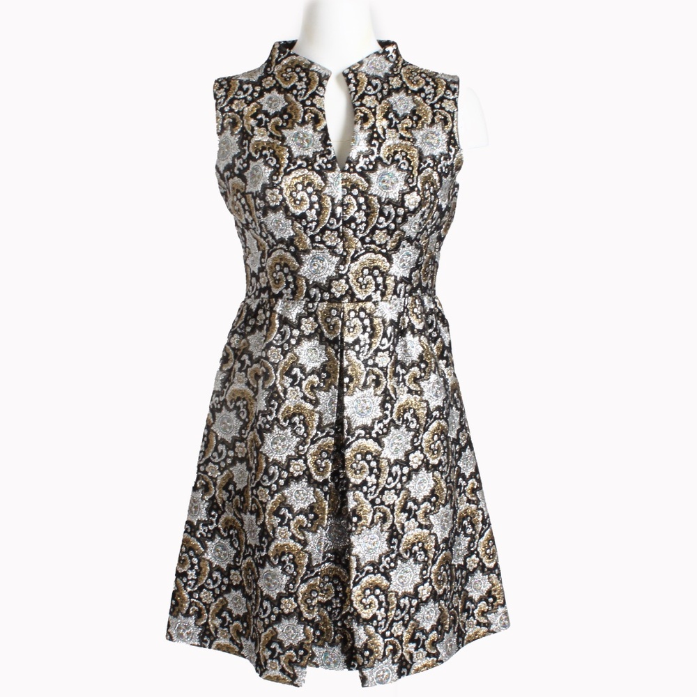 Vintage 1970s Metallic Lurex Brocade Cocktail Dress Gold Silver Black Size 11 - Picture 1 of 13